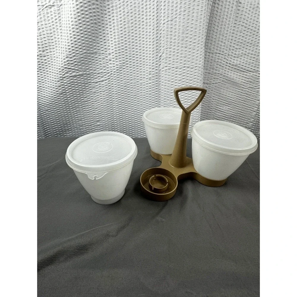 Vintage‎ Tupperware Serve 'n Store 3-pc Condiment Caddy Carrier Almond #757-4